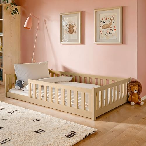 Kids Collective Kinderbett Bodenbett 120x200 cm mit Rausfallschutz & Lattenrost Montessori Bett Bed Gitterbett Kinder Jugendbett Einzelbett | Natur weitere Größen 80x160 | 90x200 | 140x200 cm