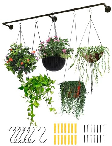 FuyoSegen Macetas colgantes para plantas de interior, colgador de plantas de interior, soporte para plantas de pared, jardín de hierbas interior, estantes de plantas de ventana, barra de metal negro