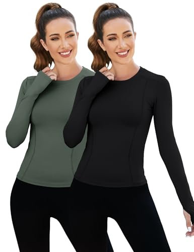 IECCP Laufshirt Damen Langarm Sportshirt Wandershirt Langarm Tops Fitness Langarmshirt Einfarbig Casual Funktionsshirt mit Daumenloch 2er Pack S