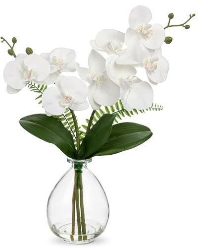 Hollyone Künstliche Orchideen Weiß mit Klar Glasvase, Kunstblumen im Vase mit Real Touch Blüten, Gefälschte Orchideen Künstliche Phalaenopsis Blumen für Wohnzimmer Büro Küche Tisch