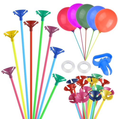 GHVACZS 100 Stück 32cm Bunte Ballonstangen Einzeln (mit Ständer, Knoter und Band), Kunststoff Luftballon Stäbe, Wiederverwendbare Ballonstäbe für Luftballons, Partydekorationen, Hochzeitsaccessoires