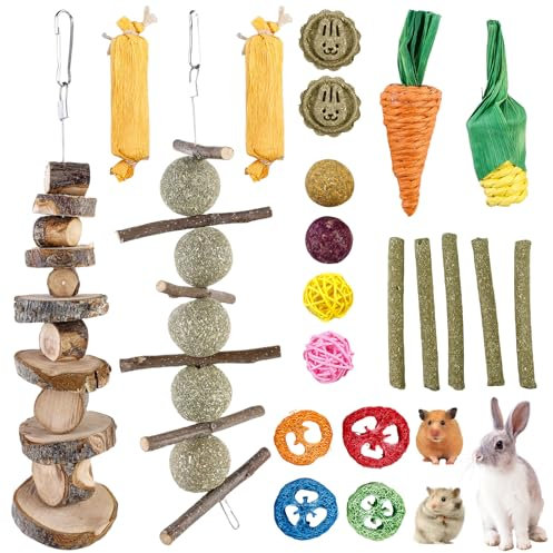 BAIFULAI Lot de 21 jouets à mâcher pour lapin et petits animaux, avec bâtonnets de pomme et timothy foin, soins dentaires