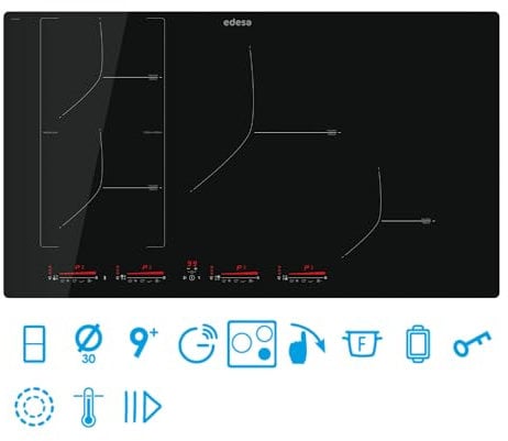 Edesa Placa EIM-8430 R Borde Redondeado Panel de control tipo Multi Slider Touch Selector 9 Niveles Potencia Booster Bloqueo Seguridad Ancho 85 cm Gran Potencia 7,2 kW Color Negro