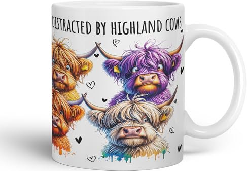 Vixar Easily Distracted by Highland Cows Scottish Farm Animals Ceramic Coloured Mug Cup for Tea Coffee Hot Brew 330ml 11Oz Gift (White)
