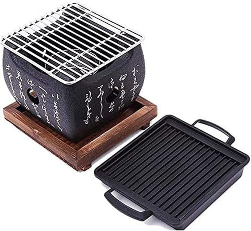Japanese Charcoal Table-top Grill - Mini Outdoor Barbecue for Family Party with Wire Mesh Grill and Wooden Base 15x15x13cm