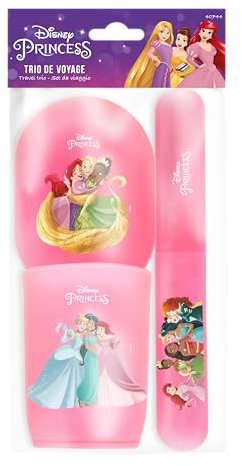 DISNEY Princesses – Trio Gobeleterie Voyage – Étui Brosse à Dents, Gobelet, Étui à Savon – Plastique Résistant – Design Pratique – Accessoire Salle de Bain Enfant - Produit Officiel Disney