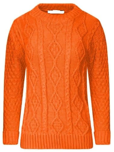 Ladies Women’s New Chunky Diamond Cable Knitted Long Sleeve Sweater Pull Over Jumper Top Cable Knit Warm Sweater Formal Casual Crew Neck Pullover (UK, Numeric, 16, 18, Plus, Regular, Orange)