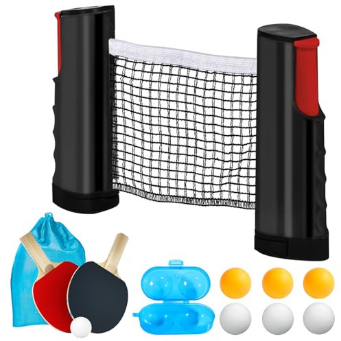 WIYETY Juego de raquetas de ping pong profesional: 2 raquetas de ping pong + red retráctil + 6 pelotas de ping pong + 1 bolsa de transporte + 1 caja de pelota, juego profesional para niños, adultos,