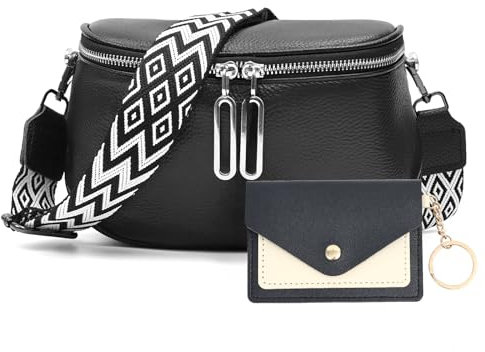 Echte Leder-UmhäNgetasche FüR Damen Mit 3 FäChern Und Elegantem Breiten Schulterriemen – Inklusive MüNzfach (Schwarz)