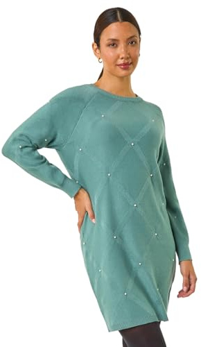 Roman Originals Knitted Jumper Dress for Women UK Ladies Stretchy Knit Knitwear Autumn Winter Casual Smart Pull On Work Long Sleeves Slouch Above Knee Short Length - Sage - Size 18