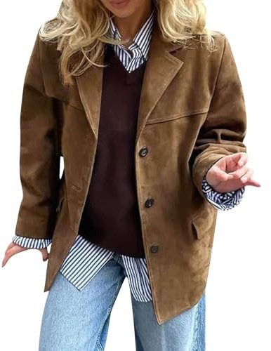 CUTeFiorino dam fuskpäls mocka jacka revers krage mocka blazer jackor vinter läderjacka dam brun långärmad mode mocka läder kostym jackor med knappar arbetskontor jackor vinterjacka kostymer