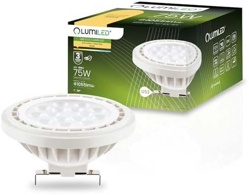Lumiled LED AR111 G53 12V AC/DC 10W ersetzt 75W 1055lm 3000K Warmweiß 38° | Leuchtmittel, Spot Strahler weiß, Nicht Dimmbar, sofort Helligkeit, für Geschäfte, Küche und Wohnräume, Kunststoff