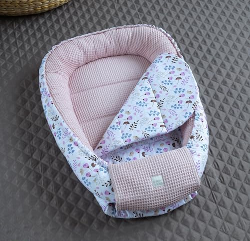 LOOLAY Rosa Blumen/Altrosa Waffelpique Bio-Baumwolle Babynest Neugeborene Baby Unterlage Reisebett Nestchen Solo/o. in Premium Ausstattung Sets (Nest + Matratze (Ersatzboden))