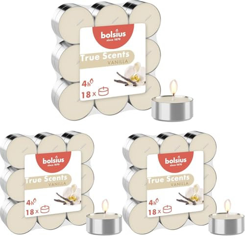 Bolsius True Scents – 18 Teelichter – Vanille – Brenndauer: 4 Stunden – Innendekoration – natürliche Extrakte – mit natürlichem veganem Wachs (Packung mit 3)