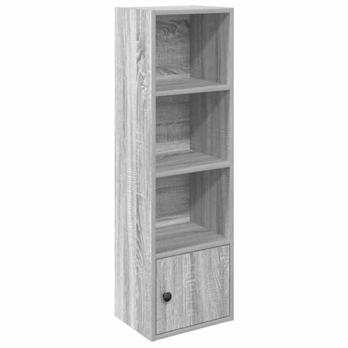 Makastle Bücherregal Klein mit 3 Fächern und 1 Tür, Standregal DVD Regal Aufbewahrungsregal Büroregal Aktenregal für Wohnzimmer Arbeitszimmer Büro, Grau Sonoma 31x24x102 cm Holzwerkstoff
