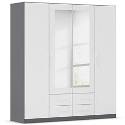 Rauch Möbel Belfast Kleiderschrank, Schrank, Garderobe, Organizer, 4-türig, mit Spiegel, 4 Schubladen für mehr Stauraum, Farbe Weiß/Grau metallic, Schwarz, Stangengriff Weiß, 181x197x54cm
