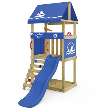 Wickey Spielturm DinkyHouse ohne Schaukelanbau - Blaue Rutsche & Plane - Kinder Kletterturm für den Garten aus Massivholz - 219x114x247 cm