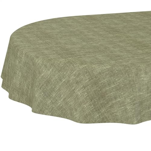 ANRO Tischdecke abwaschbar Leinenoptik Olive oval 240x140 cm In-/Outdoor | ideal für Garten, Terrasse & Esszimmer – Gartentischdecke wetterfest – Tischwäsche aus beschichtetem Stoff