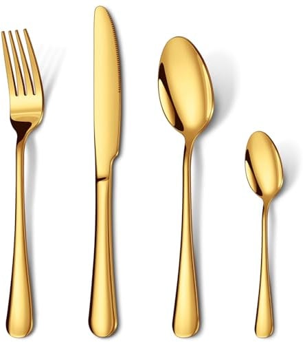 Cutlery Set Gold, HONKKU 48 Pieces Stainless Steel Flatware Set for 12 People, Mirror Polished Silverware Set with Spoon Knife and Fork Sets for Home Kitchen, Dishwasher Safe