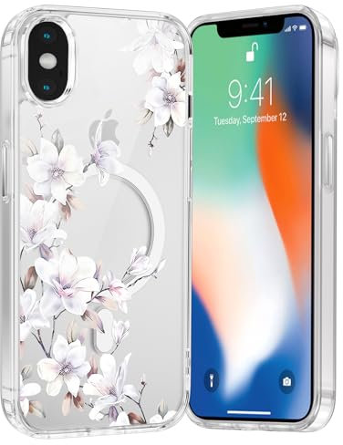Saqmkil Handyhülle Magnetische für iPhone X/iPhone XS 5,8 Hülle,Kompatibel mit MagSafe, Durchsichtig Aesthetic Muster Blumen Mädchen Case, Transparent Weich Silikon TPU Bumper Stoßfeste Cover, 05
