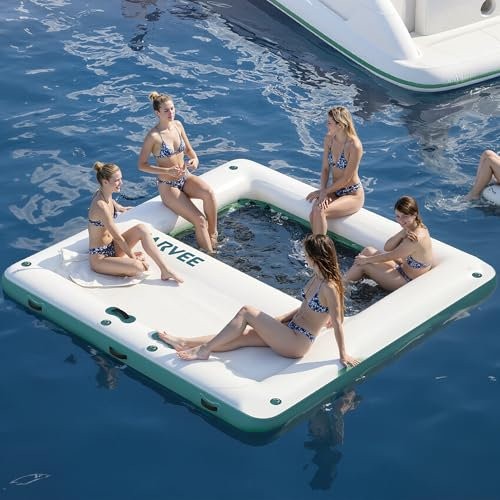 Garvee 10x10FT Inflatable Floating Dock,Square Inflatable Dock Floating Platform with Mesh Swim Area,Non-Slip EVA Platform and Rope Ladder,Boats,Pool,Lake,Beach,Ocean