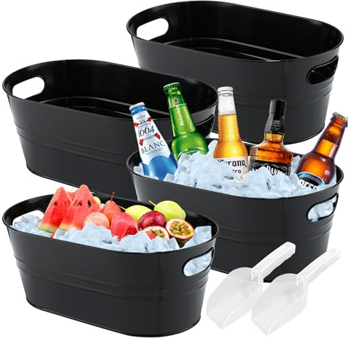 4Pcs 3 Gallon Black Galvanized Bucket Ice Bucket Large Metal Drink Buckets for Parties Beer Beverage Tub with Scoops for Champagne Cocktails Wine Cooling for Mimosa Bar Supplies