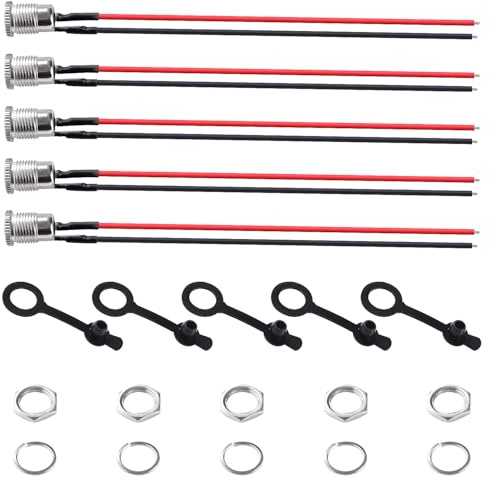 Lyeteung 5 Pezzi 5.5x2.1 mm DC-099 Connettori Femmina, DC Presa Jack di Alimentazione con Cavo 18AWG, con Cappuccio Impermeabile, per Montaggio a Pannello