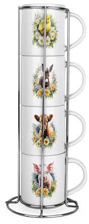 Purely Home Farm Animals Stacking Mugs Set - Presents for Animal Lovers - Set of 4 Small Ceramic Mugs Gift Set with Metal Stand