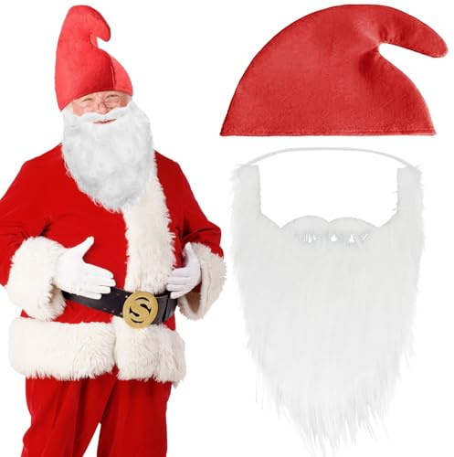 WENAUANG Zwerg Kostüm Set, Zwergenmütze mit Weißer Bart, Weihnachtsmann Zipfelmütze, Karneval Zwerg Hut, Elfenmütze, Lustige Kopfbedeckung für Erwachsene Halloween Weihnachtskostüm
