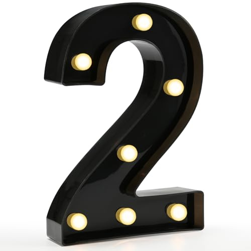 Black Decorative Light Up Numbers 2, 2nd Birthday Decorations for Boys | Marquee Numbers Black Party Decorations, Plastic Number Sign Battery Operated 2nd 20th 21st Anniversary Birthday Gift for Him