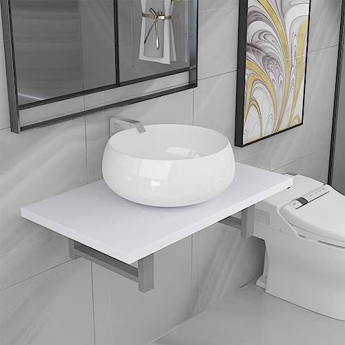 Bucmath 2-TLG. Juego de muebles de baño, lavabo redondo de cerámica, estante de pared de madera blanca, 60 x 40 x 16,3 cm, para baño, lavandería, maquillaje