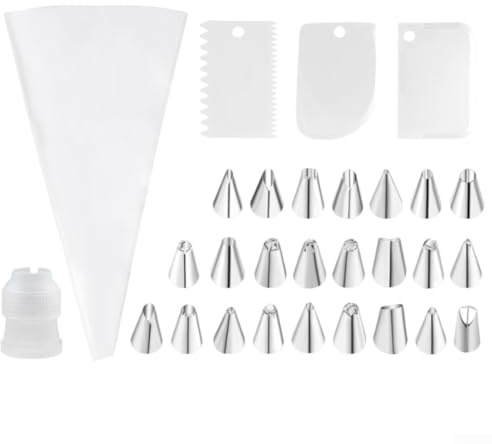 28 Stück Spritzbeutel Set mit 35cm Baumwolle Spritzbeutel und Edelstahl Tüllen für Kuchen Dekorieren Kekse Muffins Wiederverwendbar Spülmaschinenfest