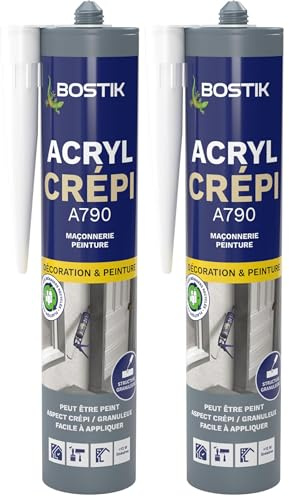Bostik Acryl Crépi – Mastic Acrylique – Intérieur et Extérieur – Spécial Crépi – Aspect Granuleux – Tous Matériaux – Blanc – Cartouche 310 ml (Lot de 2)