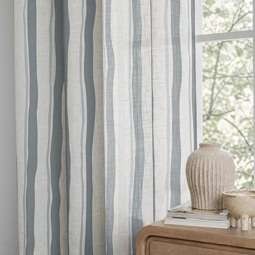 Ösen Vorhänge Grau Gardinen Halbtransparent Leinen Wellen mit Streifen-H245 x B140 cm für Vorhang Wohnzimmer Schlafzimmer Kinderzimmer Gardine Modern Ösenschal Leinenoptik Linen Curtains 2er set