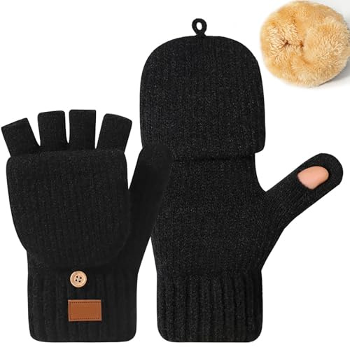 Fingerlose Handschuhe Damen Herren Winterhandschuhe mit Fleecefutter Thermo Strick Handschuh-Klappe Touchscreen Fingerless Gloves Thermohandschuhe Ohne Finger für Arbeits Sport Radfahren Fahren