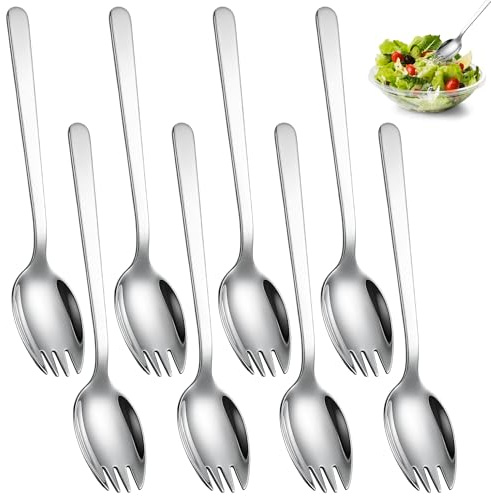 8 Stück Edelstahl Salatbesteck, Lang Salatlöffel 2 In 1 Abendessen Gabel | Lang 7.48 Zoll Salatlöffel, Edelstahl Salatlöffel Gabel Besteck, für Dessert, Eis, Suppe, Nudel, Spaghetti, Spülmaschinenfest