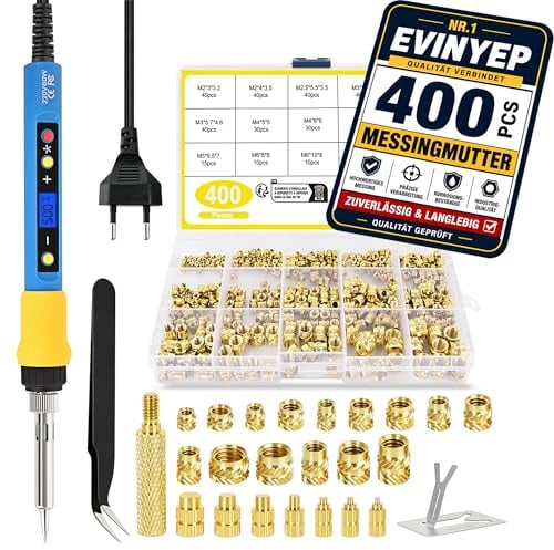 Insertos Roscados 400 pcs con Soldador 80W, Temperatura Ajustable 180–500°C, 7 Puntas, M2/M2.5/M3/M4/M5/M6/M8 para Impresión 3D y Plástico