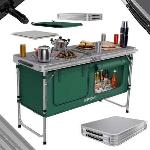 24MOVE® Campingküche, Faltbare Outdoor Küche Arbeitsplatte, MDF Einlegeböden, Besteckfächern, Tragegriff