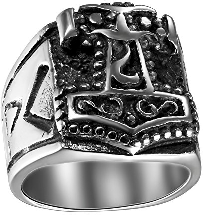 JewelryWe Ringe Herren Thors Hammer: Biker Herren-Ring Edelstahl Thor Hammer Siegelring Männer Band Ring mit Gravur Schwarz Silber Größe 65