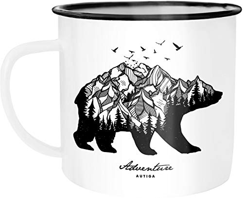 Autiga Emaille Tasse Becher Bär Berge Wald Abenteuer Bear Mountains Adventure Kaffee-Tasse weiß-schwarz unisize