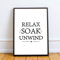 Red Ocean Bathroom Sign For Toilet Loo Funny Framed Print Home Decor Wall Art Gift (A4 Print with Black Frame - Black Relax Soak Unwind)