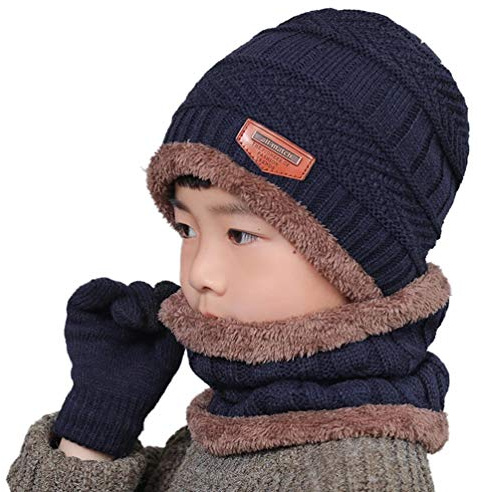Gisdanchz Children Kids Winter Wooly Knitted Beanie Hats Wool Fleece Lined Theraml Warm Snood Neck Warmer Hat Scarf Gloves Set for Boys Girls Toddler Baby Age 5-14 Year Old, Navy
