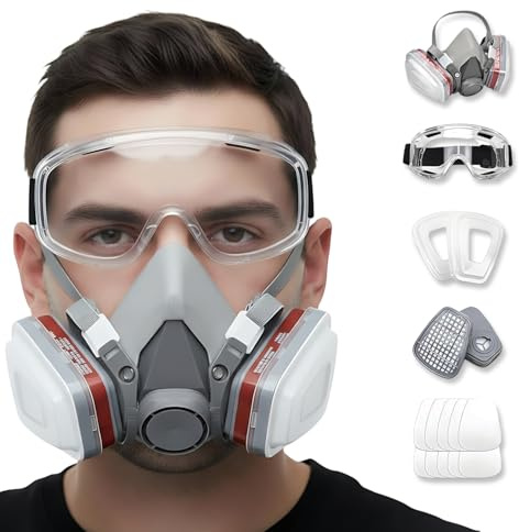 Tesoro Moda Respirator Mask for Spray Painting, Woodworking, Welding, Dust, and General Safety with Clear Eye Goggles, 10 Replacement Filters, Half Face Cover with Safety Glasses
