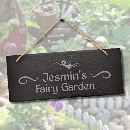 Stukk Schiefertafel zum Aufhängen, personalisierbar, mit Gravur Fairy Garden, Naturgravierte Schiefersteinplakette, 30x12cm