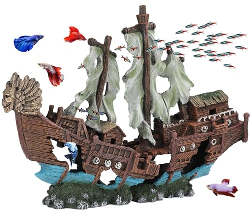 UNEAK Große Schiffswrack-Aquarium-Dekoration, Ornament mit Segel (2 Stück), 68 l hoch und größeres Aquarium, versunkenes Schiff, Dekoration, Ornamente, Piratenboot, Harz, Süß- und