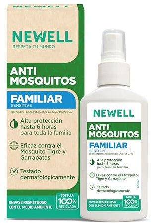 NEWELL | Repelente Antimosquitos Familiar Sensitive Alta Protección de Hasta 6 Horas Contra Mosquitos y 10 Horas Contra Garrapatas | Spray, Botella 100 ml 100% Reciclada y Reciclable