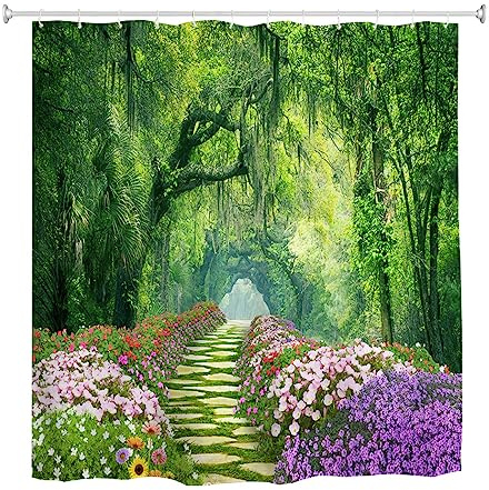 goodbath Garden Shower Curtain, 3D Outdoor Shower Curtains Forest Trees Rose Flowers Floral Anti Mould Waterproof Bath Curtains for Bathroom Wetroom, 180 x 180 cm