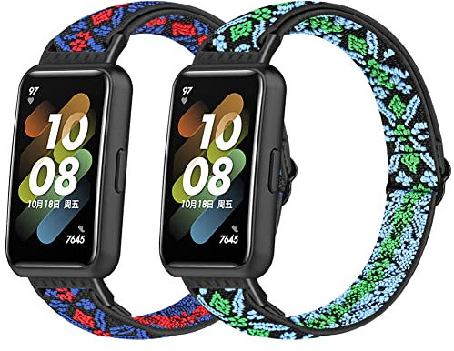 Huamanlou Lot de 2 bracelets élastiques compatibles avec Huawei Band 7 en nylon réglables Bracelet de rechange pour montres connectées, bracelet de sport femme homme pour Huawei Band 7, nylon.