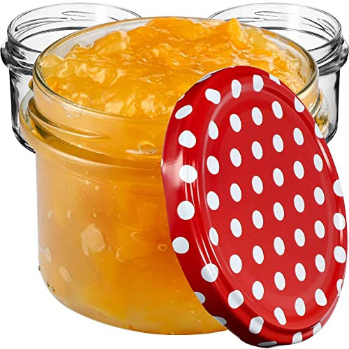 KADAX Piccoli vasetti per conserve da 235 ml, fi82, mini bicchieri per miele e condimento, vasetti per marmellata con coperchio, vasetti ermetici da regalare (rosso a pois 10 pezzi)