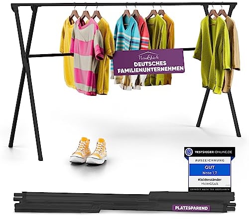 HeimGlück Kleiderständer/Wäscheständer + Tasche Moritz schwarz [Ausziehbar 1.30-2.0m, klappbar, sehr Stabil Edelstahl] Kleiderstange, Garderoben-Ständer, Flurgarderobe, offener Kleiderschrank